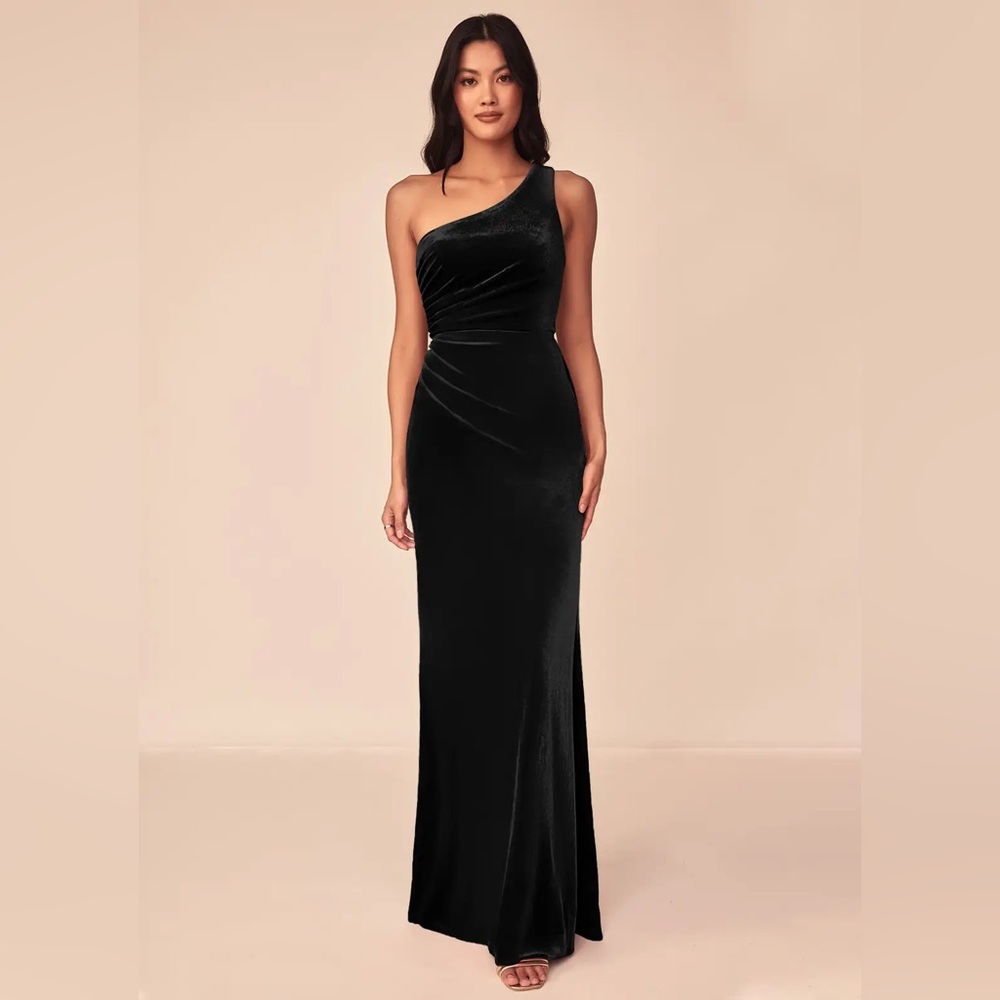 Azazie Argan Black A-Line One Shoulder Pleated Velvet Bridesmaid Dress